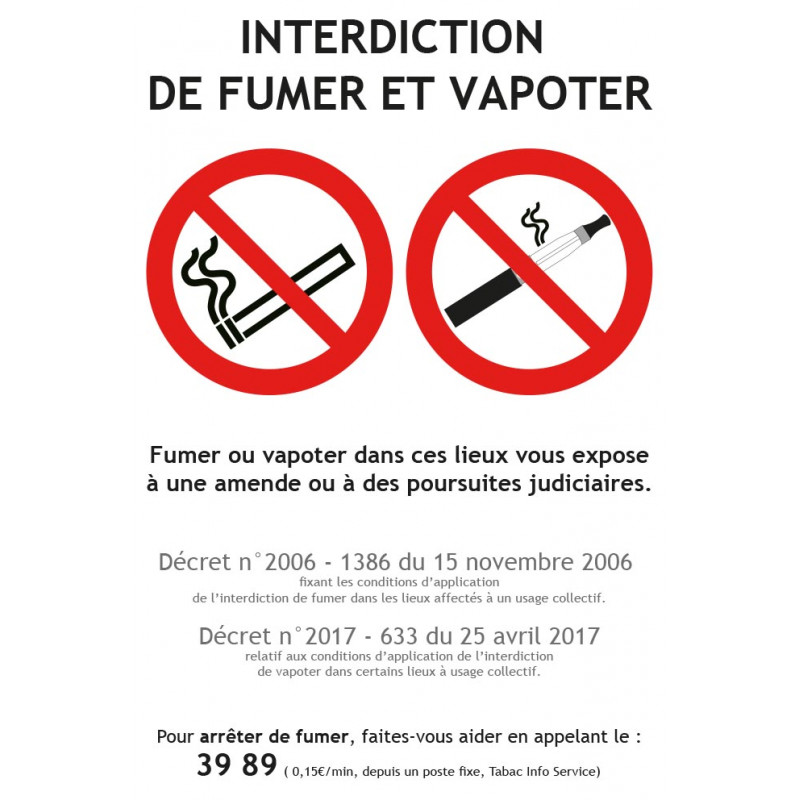 Panneau interdiction de fumer et vapoter conforme décret officiel