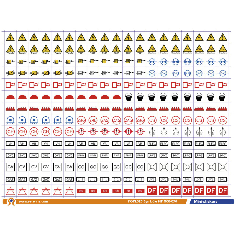 266 symboles autocollants à la norme NFX 08 070 de largeur 8mm.